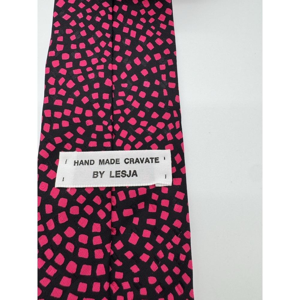 Handmade Lesja Cravate Tie Black Pink Geometric Dot Pattern Silk‎ Necktie Mens - Picture 5 of 7